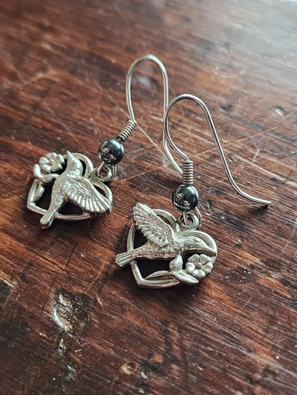 Vintage Sterling Tone Hummingbird Dangle Earrings Pierced Hook Marked Floral